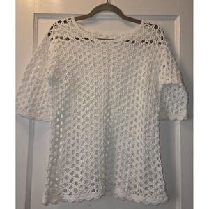 White Crochet Cotton Sweater Open Knit Short Sleeve Women's S